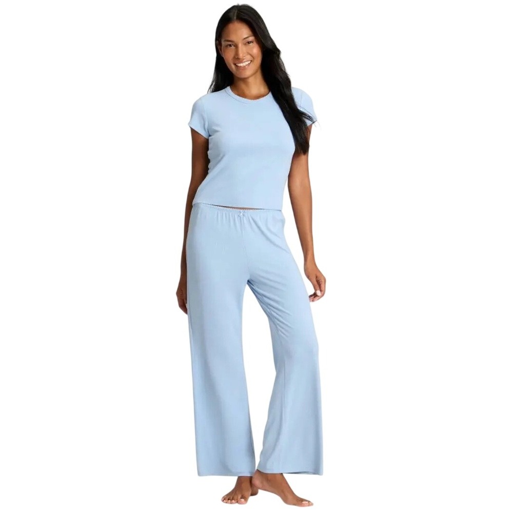 Auden Women's Blue Cozy Pointelle Scalloped Short Sleeve Pajama Set Size L